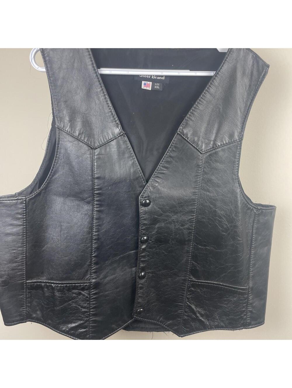 Vintage Steer Brand Leather Vest Men XXL Black Made In USA Motorcycle Western